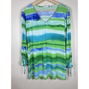 Susan Graver Womens Blouse Liquid Knit Top Green Blue Stretch XL Colorful Artsy